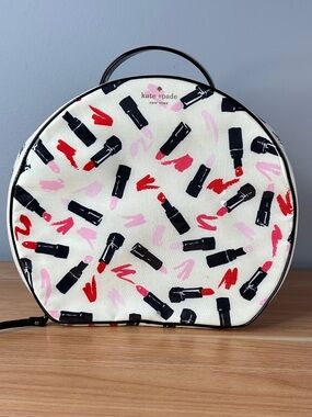 Kate Spade New York Bag Travel Case Lipstick Design Cosmetic Zip Ivory Pink Red